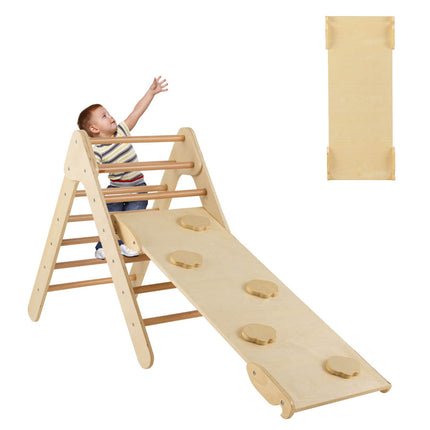 Ensemble triangulaire d'escalade en bois avec rampe de toboggan réversible