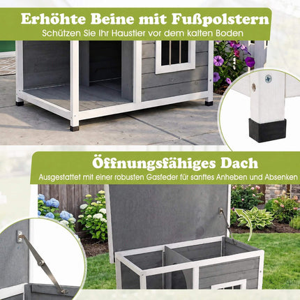 Hundehütte aus Holz mit Veranda und wetterfestem Dach, Grau