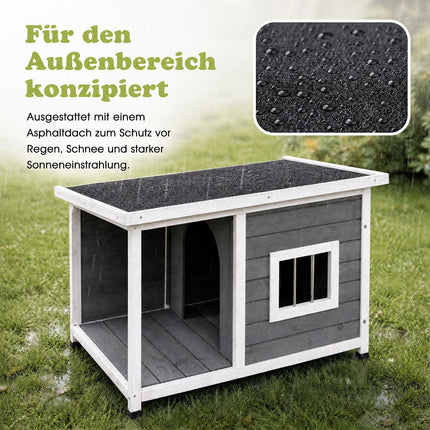 Hundehütte aus Holz mit Veranda und wetterfestem Dach, Grau