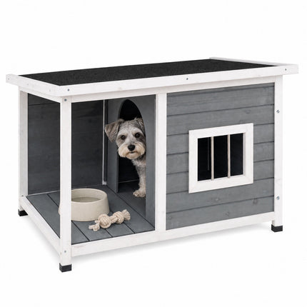 Hundehütte aus Holz mit Veranda und wetterfestem Dach, Grau