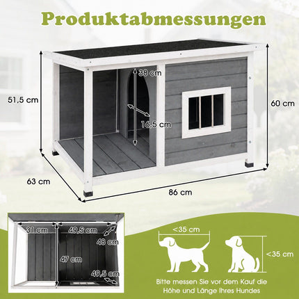 Hundehütte aus Holz mit Veranda und wetterfestem Dach, Grau