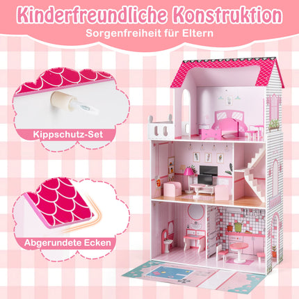 Holzpuppenhaus mit 17-teiligem Möbelset, 3-stöckig