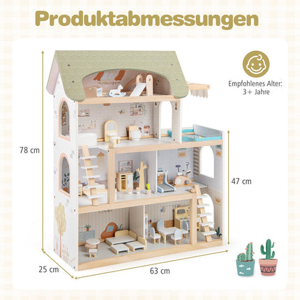 Maison de poupée en bois avec 33 meubles, balcon et piscine