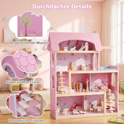 Holzpuppenhaus mit 33 Möbelstücken, Balkon & Pool