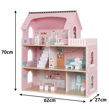 Maison de poupée en bois avec lumières LED, 3 niveaux, mobilier inclus