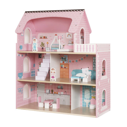 Maison de poupée en bois avec lumières LED, 3 niveaux, mobilier inclus