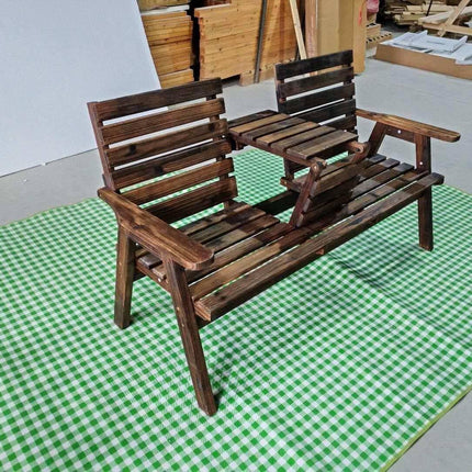 Banc de jardin en bois avec table pliante, pouvant accueillir 2 à 3 personnes.