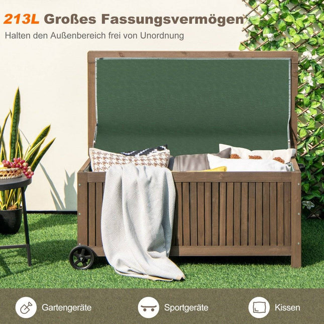 Coffre de Jardin en Bois 213 L Coffre de Rangement à Roulettes Coffre à Coussins avec Doublure PE imperméable 114 x 58,5 x 51 cm Marron