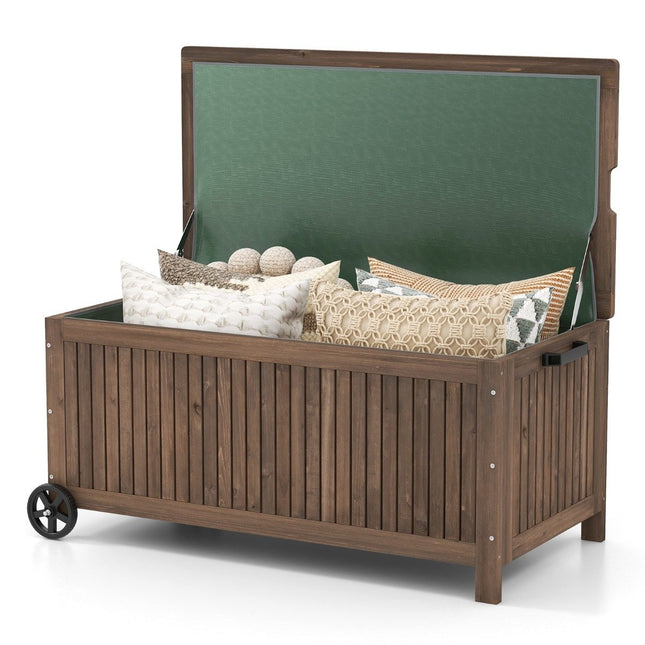 Coffre de Jardin en Bois 213 L Coffre de Rangement à Roulettes Coffre à Coussins avec Doublure PE imperméable 114 x 58,5 x 51 cm Marron