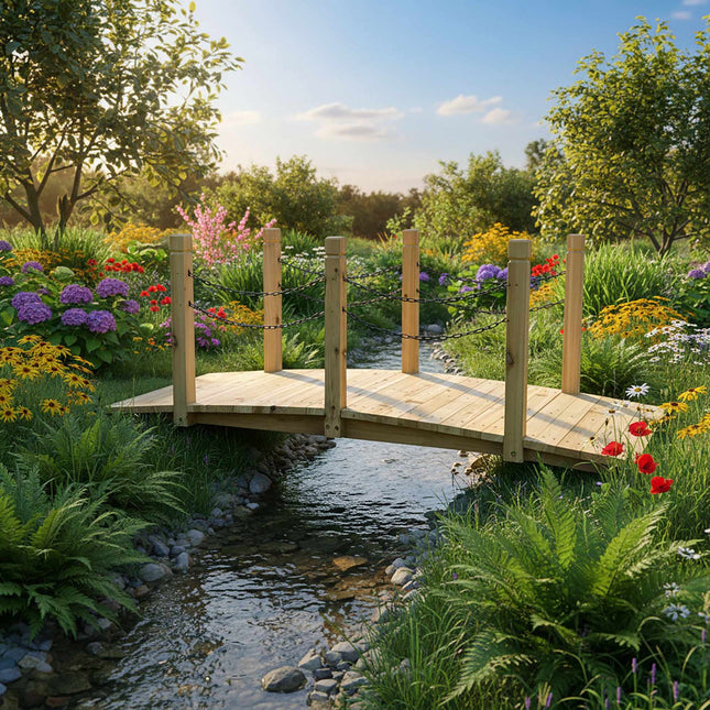 Pont de jardin en bois avec rambarde en chaîne, résistant aux intempéries