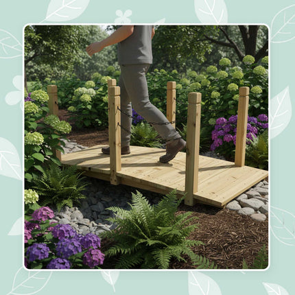 Pont de jardin en bois avec rambarde en chaîne, résistant aux intempéries