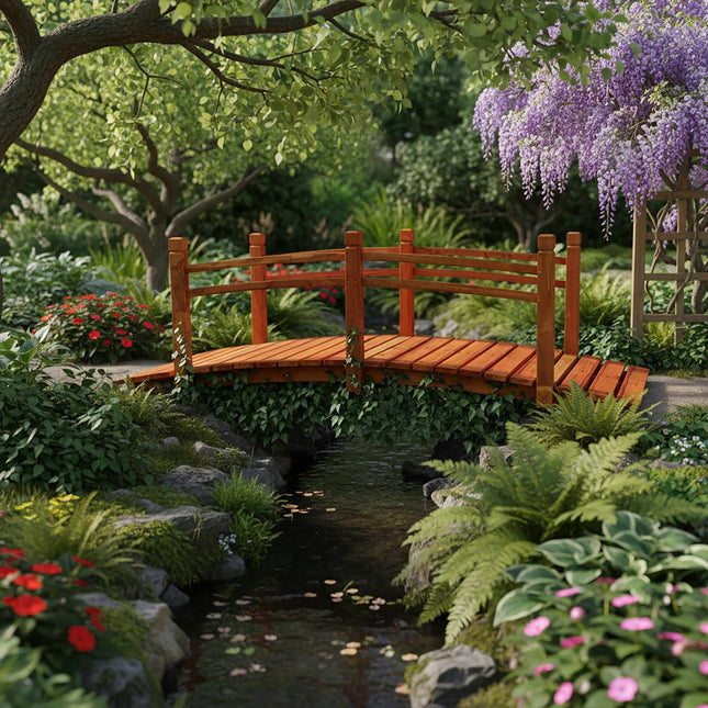 Pont de jardin en bois avec arche et rambarde