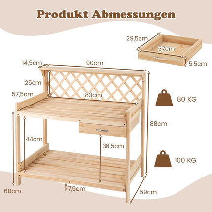Gartentisch aus Holz mit Rankgitter und Ablagen