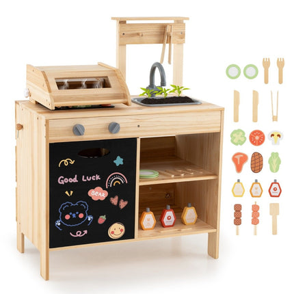 Holzgrill-Spielset mit Spiellebensmitteln, Grillwerkzeugen und Zubehör, Küchenset