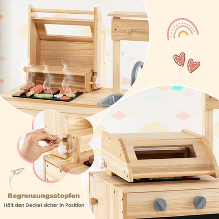 Holzgrill-Spielset mit Spiellebensmitteln, Grillwerkzeugen und Zubehör, Küchenset