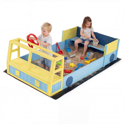 Bac à sable en bois pour enfants avec fond tapissé et banc, bleu