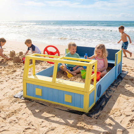Bac à sable en bois pour enfants avec fond tapissé et banc, bleu