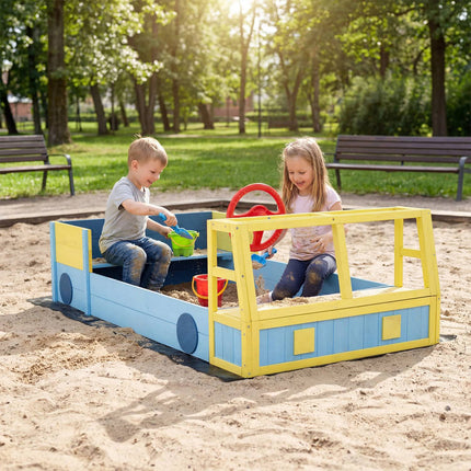 Bac à sable en bois pour enfants avec fond tapissé et banc, bleu