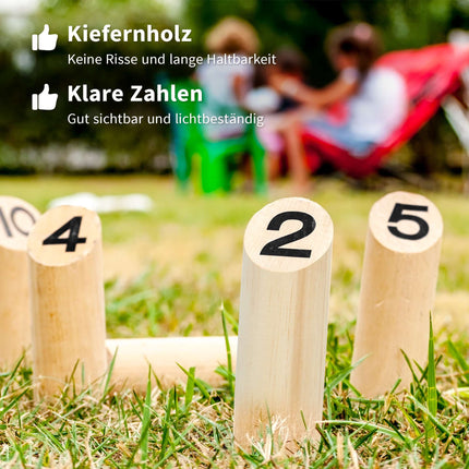 Mölkky Wurfspiel aus Holz – 12 Kegel, 1 Wurfholz, Box