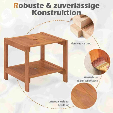 Table d'appoint d'extérieur en bois avec trou pour parasol et étagères