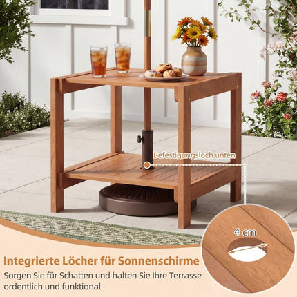 Table d'appoint d'extérieur en bois avec trou pour parasol et étagères