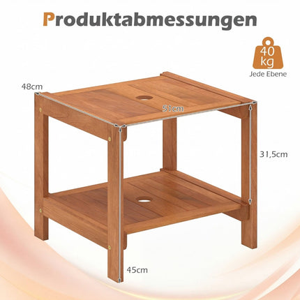 Table d'appoint d'extérieur en bois avec trou pour parasol et étagères