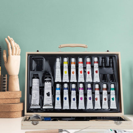 Coffret de peinture en bois avec couleurs à l'huile