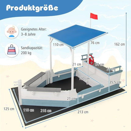 Bac à sable en bois en forme de bateau pirate avec toit et banc