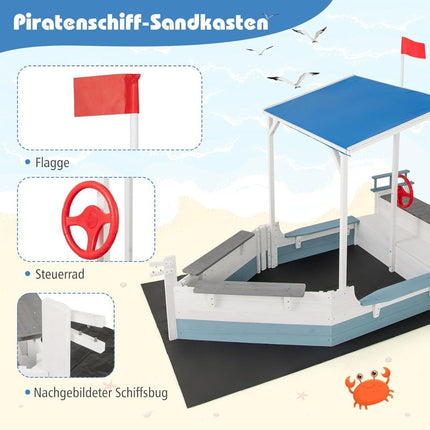 Bac à sable en bois en forme de bateau pirate avec toit et banc