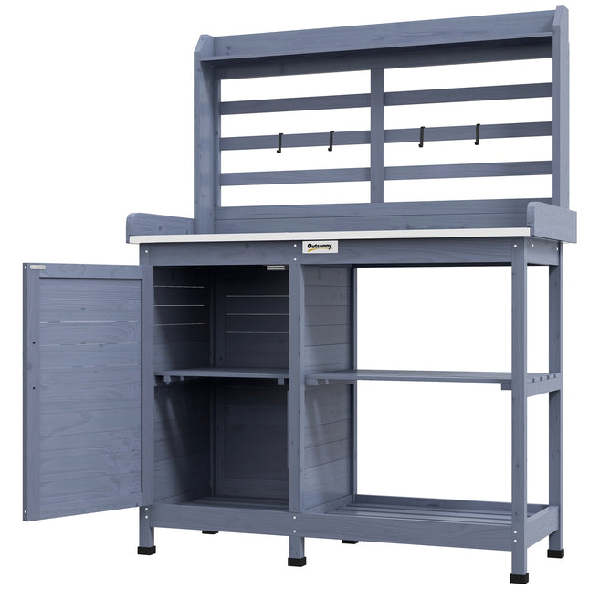 Table de jardin en bois avec armoire et plan de travail 112x47x146 cm gris, 2 étagères et 4 crochets pour les amateurs de jardin