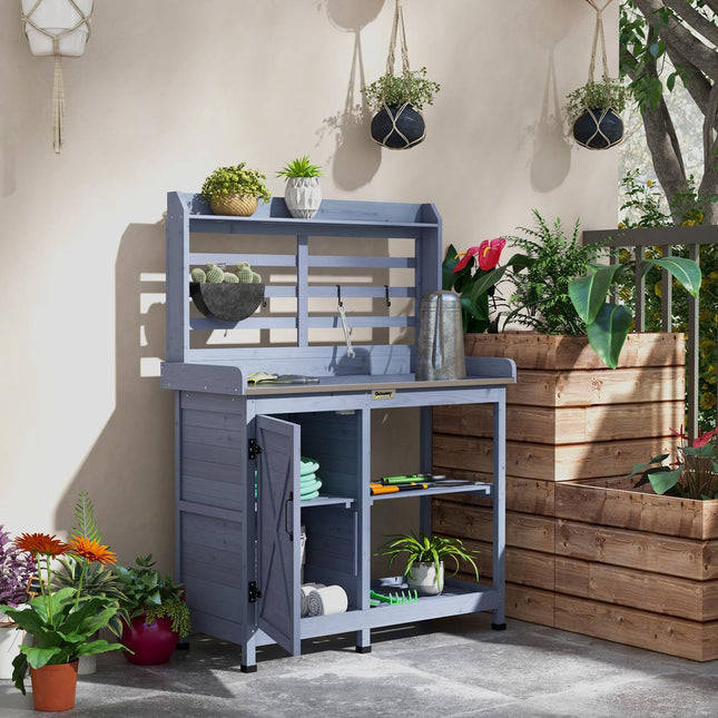 Table de jardin en bois avec armoire et plan de travail 112x47x146 cm gris, 2 étagères et 4 crochets pour les amateurs de jardin