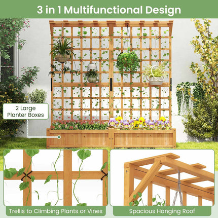 Wooden Planter Box with Trellis and Roof, 3-in-1 Design
