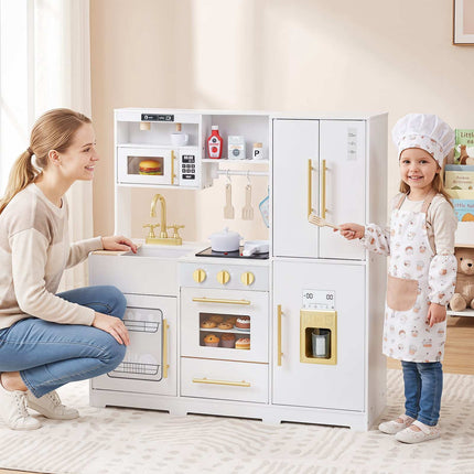Wooden Play Kitchen for Kids with Lights and Sounds, Ice Dispenser, White
