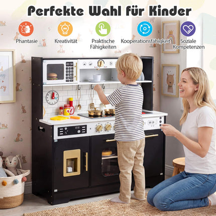 Cuisine en bois pour enfants avec effets lumineux et sonores, noire, 14 accessoires