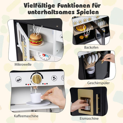 Cuisine en bois pour enfants avec effets lumineux et sonores, noire, 14 accessoires