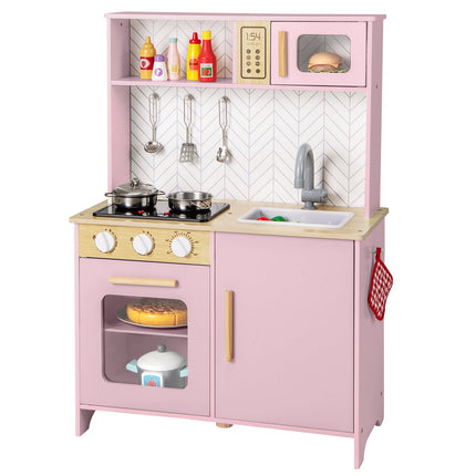 Cuisine en bois pour enfants avec micro-ondes, four et évier - Rose