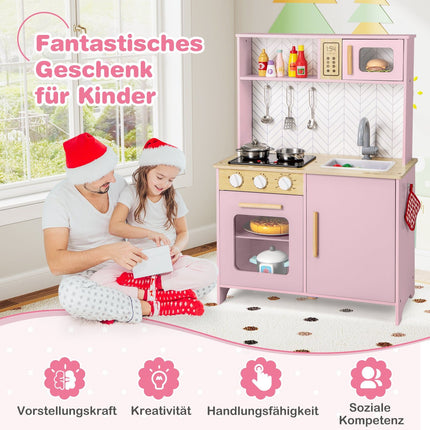 Cuisine en bois pour enfants avec micro-ondes, four et évier - Rose