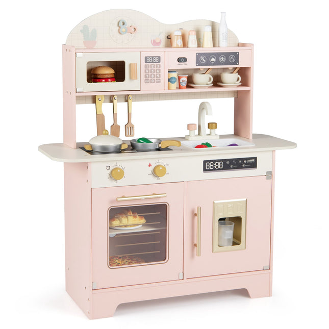 Cuisine en bois pour enfants avec rangements et 17 accessoires, rose