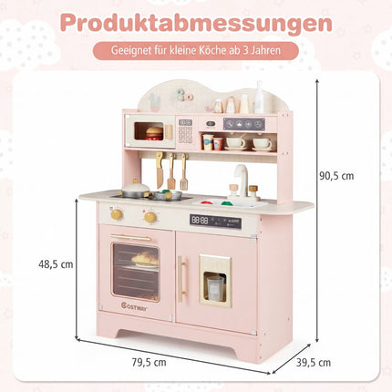 Wooden Play Kitchen with Storage & 17 Accessories, Pink