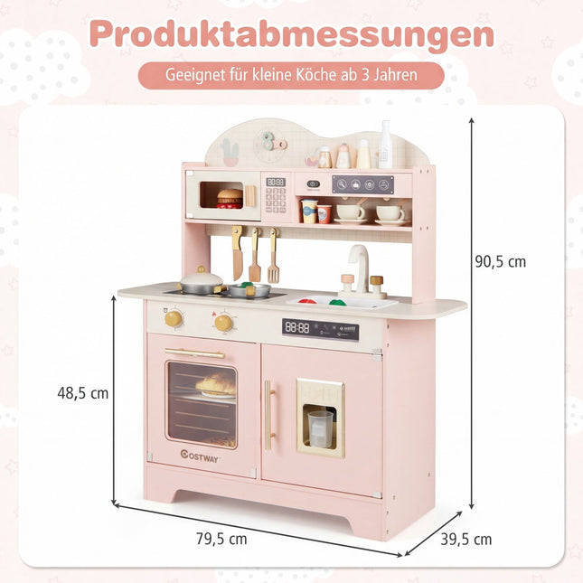 Cuisine en bois pour enfants avec rangements et 17 accessoires, rose