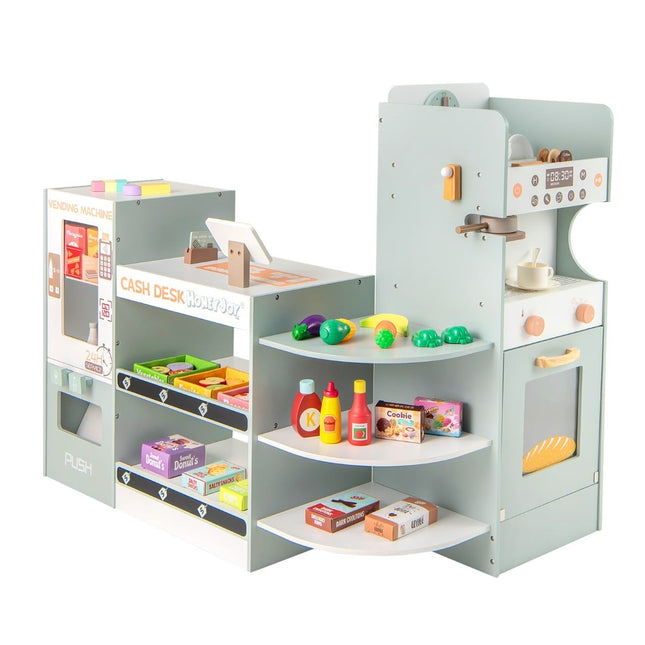 Ensemble de magasin en bois avec distributeur automatique et caisse enregistreuse