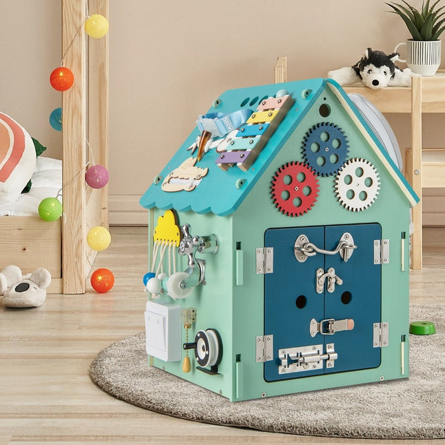 Maisonnette en bois avec jeux sensoriels et rangement pour enfants