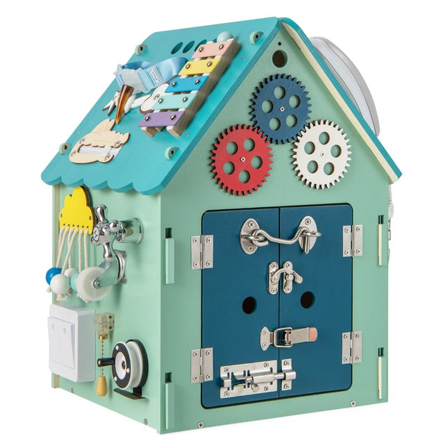 Maisonnette en bois avec jeux sensoriels et rangement pour enfants