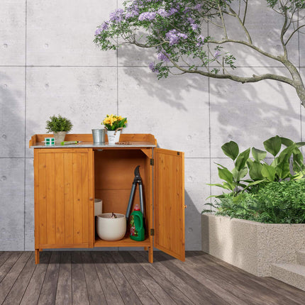Banc de rempotage en bois avec placard et plateau en étain