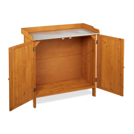 Banc de rempotage en bois avec placard et plateau en étain