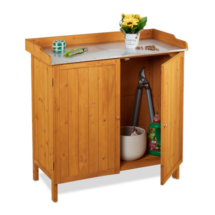 Banc de rempotage en bois avec placard et plateau en étain