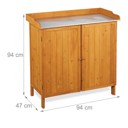 Banc de rempotage en bois avec placard et plateau en étain