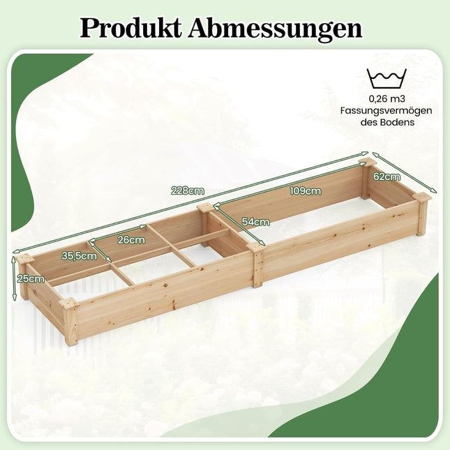 Potager surélevé en bois avec 2 jardinières, 228 x 62 x 25 cm