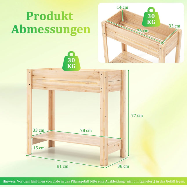 Jardinière surélevée en bois avec étagère et drainage