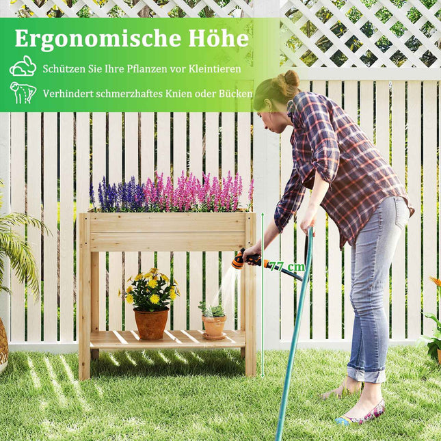 Jardinière surélevée en bois avec étagère et drainage